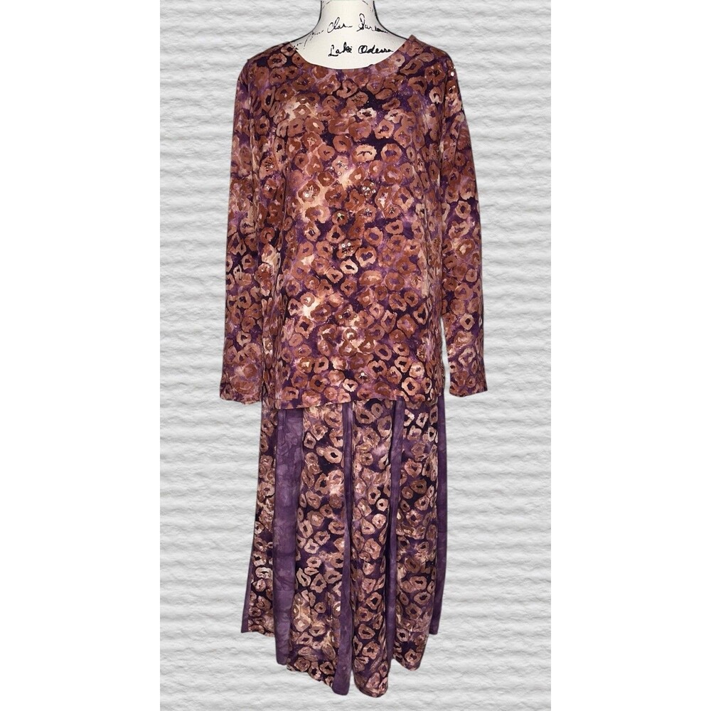 Vtg 90s Usindo Boho Batik 2 Piece Skirt Set Womens SM Purple Rayon Maxi Artsy